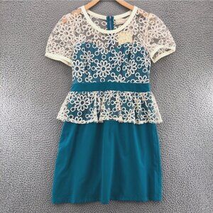 A'reve Dress Womens Medium Blue Peplum Sheath Lace Overlay Short Sleeve Mini NWT